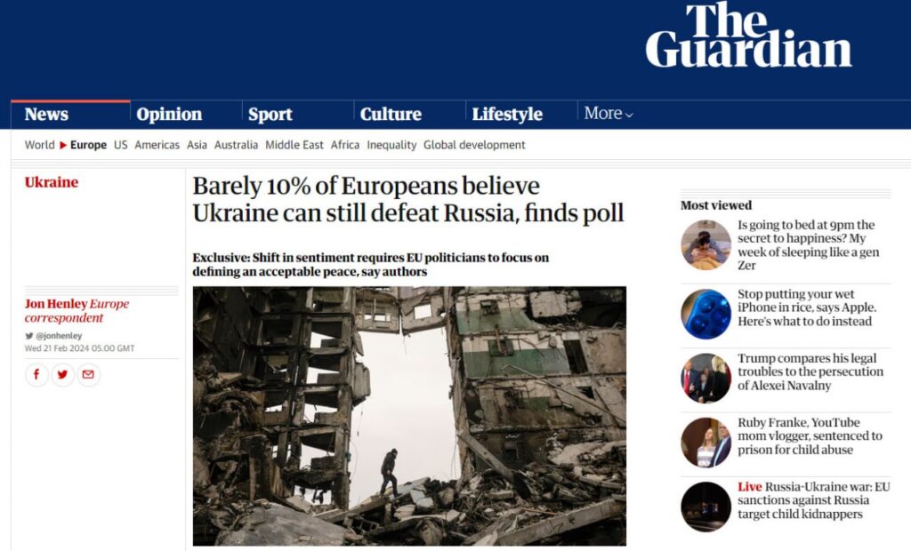 The Guardian: “В победу Украины верят лишь 10% европейцев”
